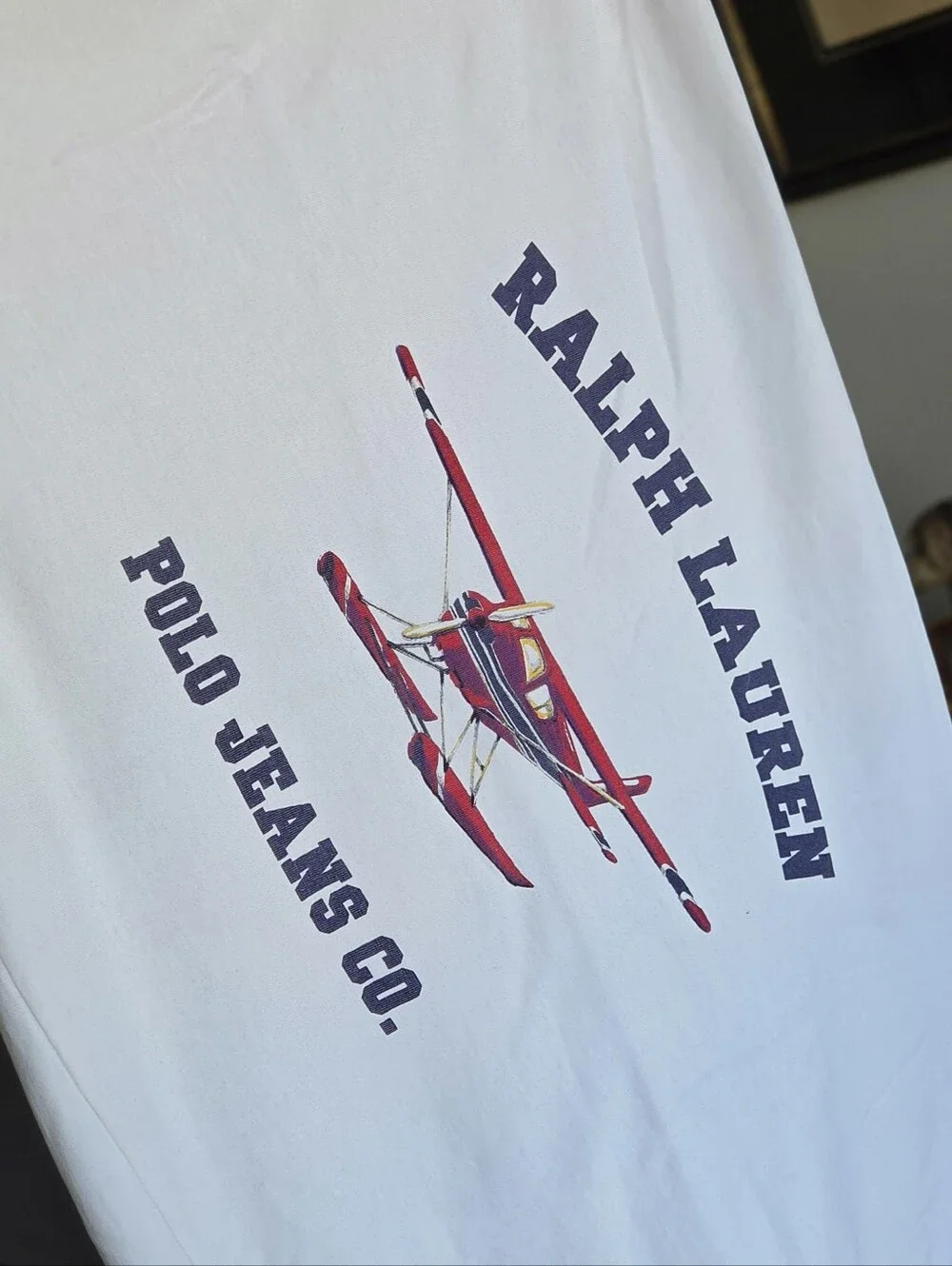 Ralph Lauren VTG 90s White Jersey Cotton Standard Pillowcase with Airplane